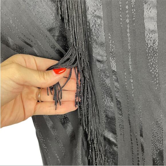 BCBGMAXAZRIA Black Silk Ruffle Blouse Top Beaded Fringe with Shinny Stripes XXS - Picture 10 of 16